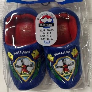 Wooden Shoe Slippers Holland Clogs Blue Tulip Windmill Plush Fits Age 4-5 NEW